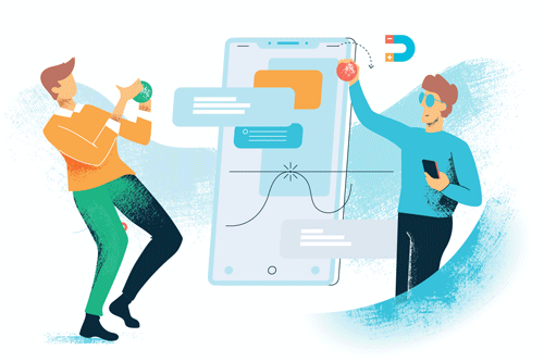 graphic illustration of two people using messaging on phone